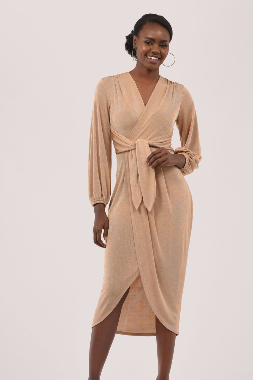 Women's Beige Wrap Tie Midi Dress